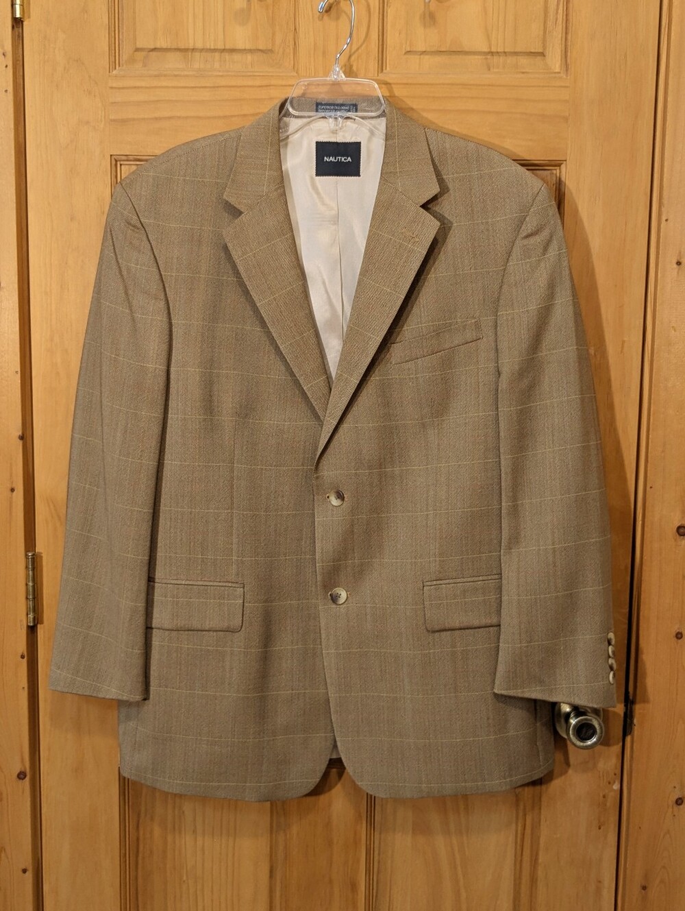 Nautica Blazer 100% Wool Tan Brown Windowpane Sport Coat 44R Classic Career